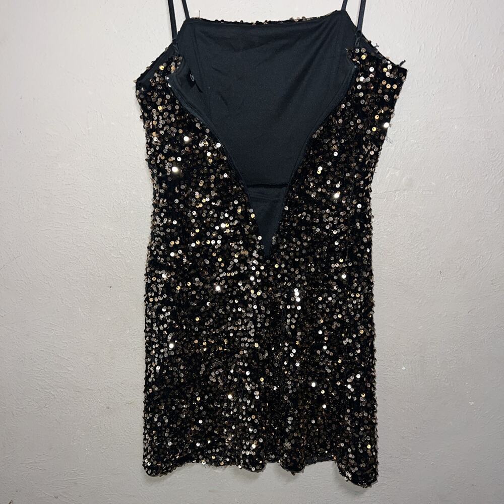Crystal Sky Gold Sequin Mini Dress XS Black Metallic Spaghetti Strap Party Glam - Picture 11 of 14